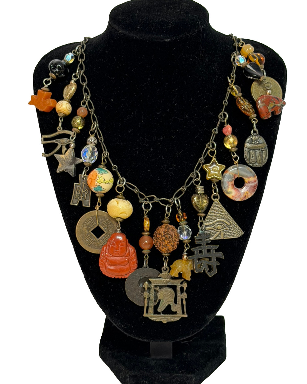 Eclectic 24" Charm Necklace 15 Good Luck Protection Symbols Beads Talismans Boho